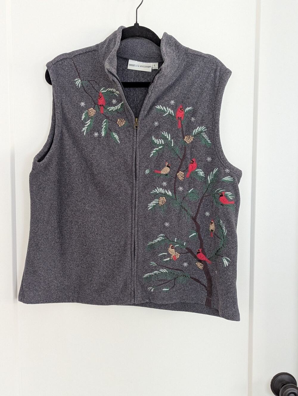 Rebecca Malone L Gray Fleece Vest Bird Embroidery EUC Grandmacore